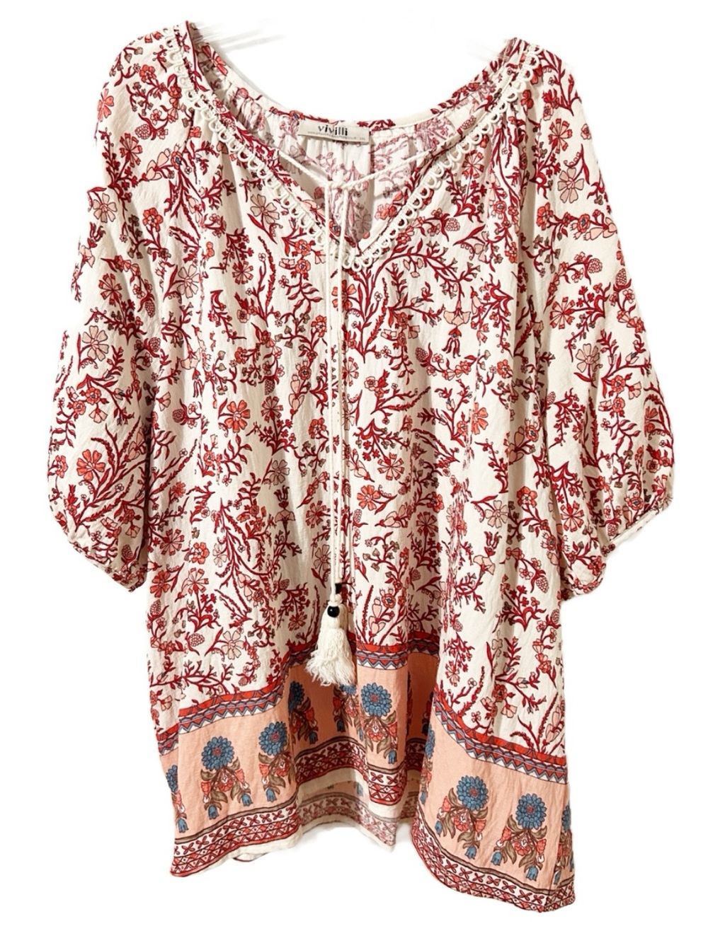 Vivilli Boho Floral Peasant Blouse XXL Tassel V-Neck Lace Trim Rayon Blend Top
